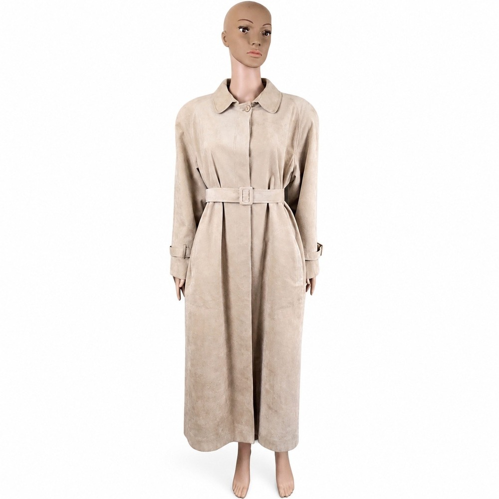 Vintage I. Magnin Ultrasuede Trench Coat Women's L Beige Belted Maxi